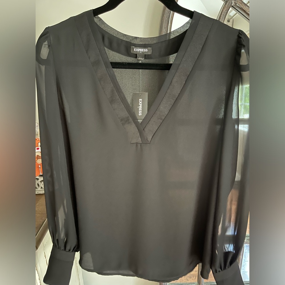 Express Women’s Black Long Sleeve V Neck Blouse Transparent Sleeves Sz. Small/P